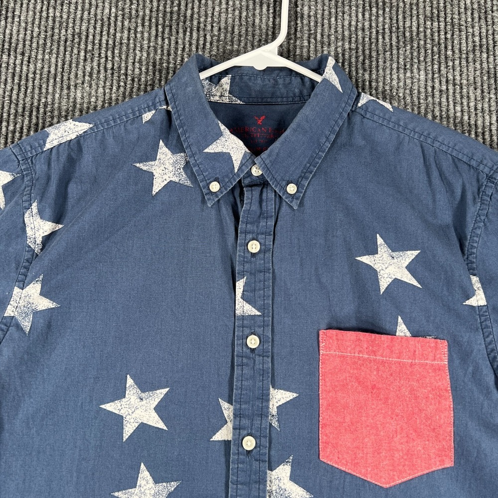 American Eagle Shirt Mens Large Blue Patriotic Short Sleeve Button Down Slim Fit